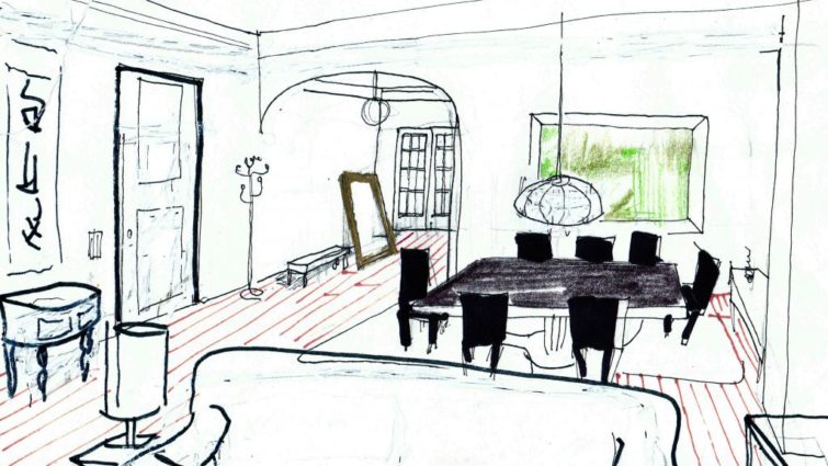 A sketch of Lisa's dining room The Good Guy - Production design by Tommaso Ortino